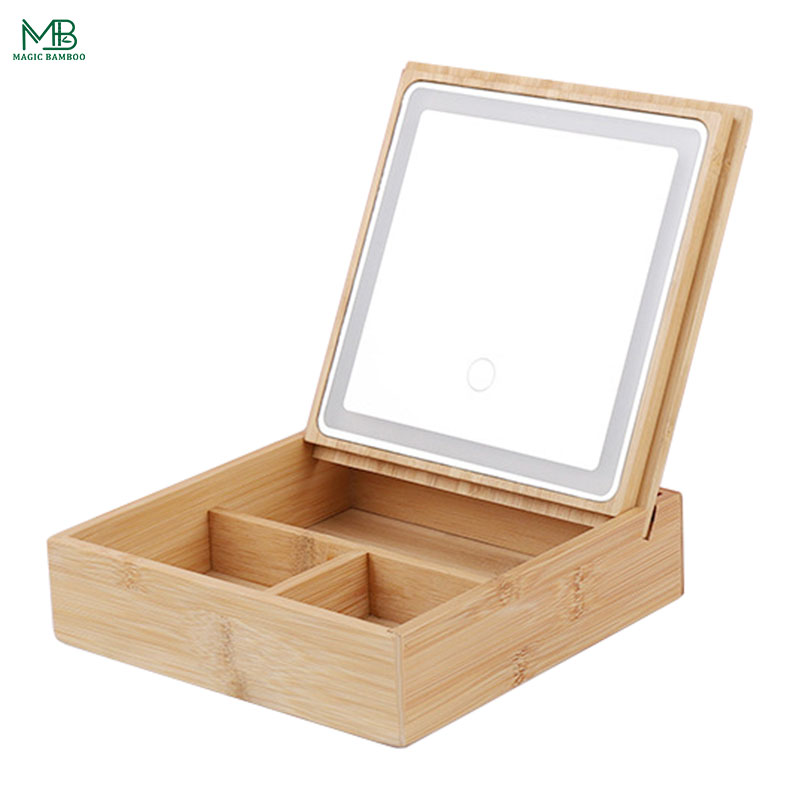 Kozmetická zrkadlová krabička z bambusového dreva s 3 farebnými LED