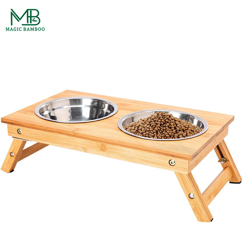 Bamboo Foldable Pet Feeder Non-Slip Two Bowls