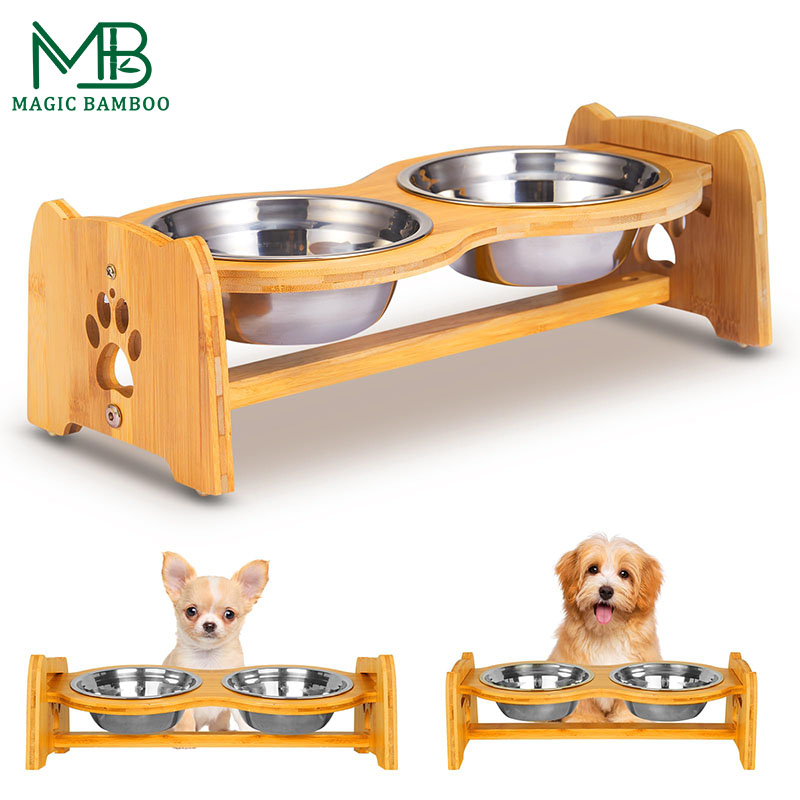 Bamboo Adjustable Raised Up Pet Bowls Stand