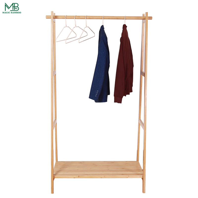 Bamboo Wooden Clothes Rail Garment Hanging Shelf Trigonal Base