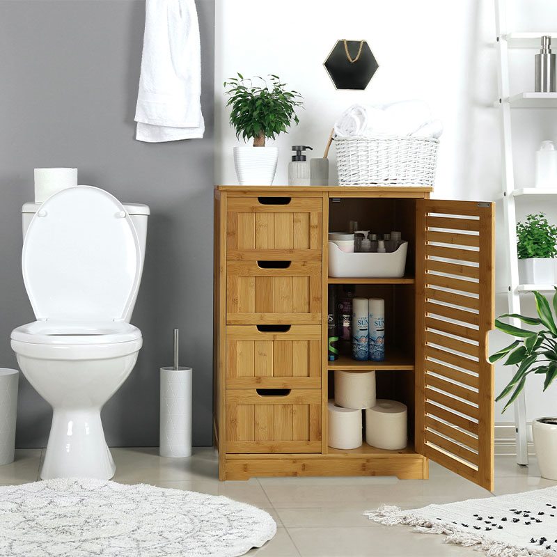 Racionalizējiet vannas istabas organizēšanu, izmantojot vannas istabas glabāšanas skapi ar 4 atvilktnēm