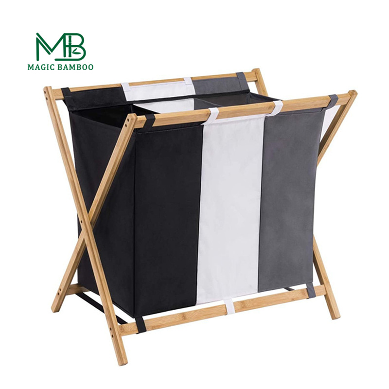 Bamboo and Oxford Fabric Laundry Basket with handle