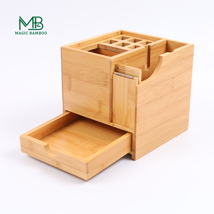 Bamboo Multifunctional Pen Holder With Drawer And Tape Cutter