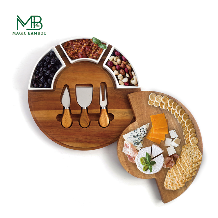 Werten Sie Ihre kulinarische Präsentation mit der drehbaren runden Käse-Servierplatte aus Bambus auf