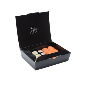 Custom Design Logo Printed Hot Selling Black Paper Sushi Box Takeaway Catering Foldable White Cardboard Packaging Food Box