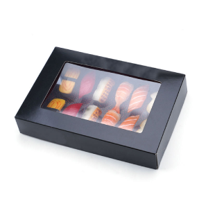 Keskkonnasõbralik kohandatud trükitud must pakkekarp värske sushi lõunasöögi jaoks Kokkupandav aknaga paberkarp
