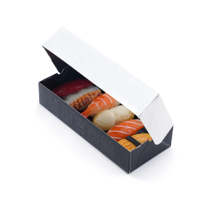 Cartón de embalaje negro impreso personalizado respetuoso con el medio ambiente para comida de almuerzo de sushi fresco caja de papel plegable para llevar con ventana