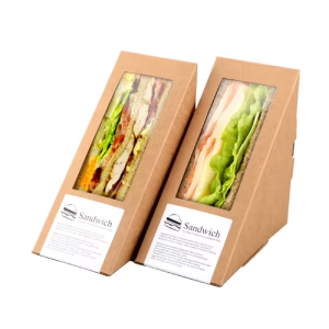 Custom Takeaway Lunch Sandwich Kraft Paper Box Food Grade Paperboard Sandwich Wedge Packaging Boxes with Window