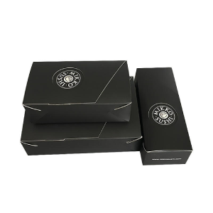 Natisnjen logotip po meri, vroče prodajana škatla za suši iz črnega papirja, škatla za hrano za s seboj, catering, zložljiva bela kartonska embalaža