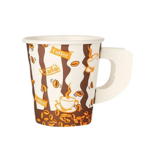 Custom Print Disposable Biodegradable Coffee Paper Cup with Attached Coaster Handle for Hot Drink Take Away for Food Tea