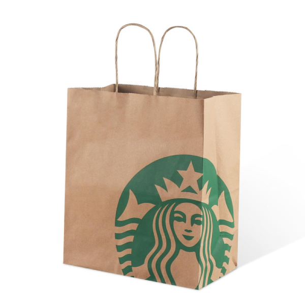Oanpaste logo en print Take Away Carry Out Bag Restaurant Fast Food Biologisch ôfbreekbare Takeaway Kraft Paper Bag mei Twisted Handle