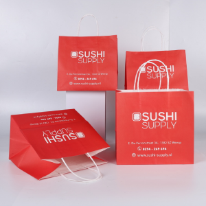 Logo e personalizuar e printuar për ushqime të biodegradueshme Sushi To Go Takeaway Qese letre e riciklueshme Kraft me logon tuaj