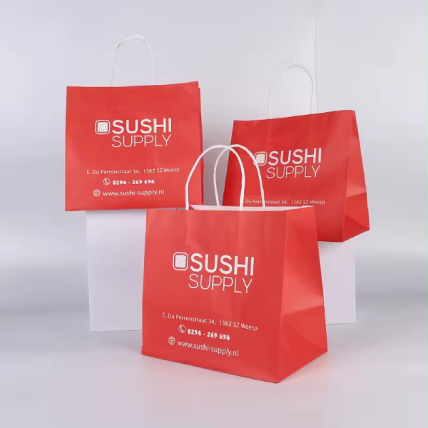 Sushi de comida biodegradable impreso con logotipo personalizado para llevar, bolsa de papel Kraft reciclable para llevar con su logotipo