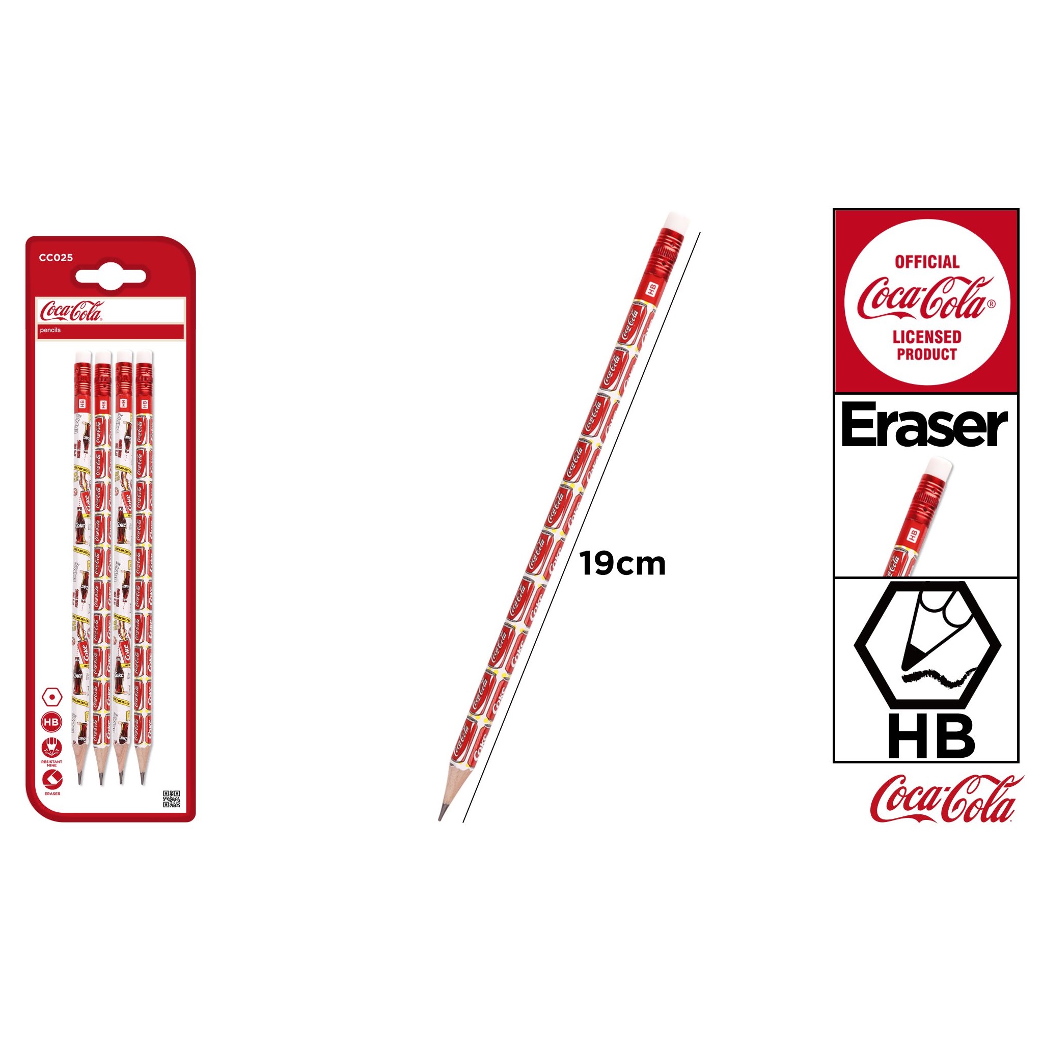 CC025 Coca-Cola kopzīmola grafīta zīmuļi 4 zīmuļu komplekts ar dzēšgumiju