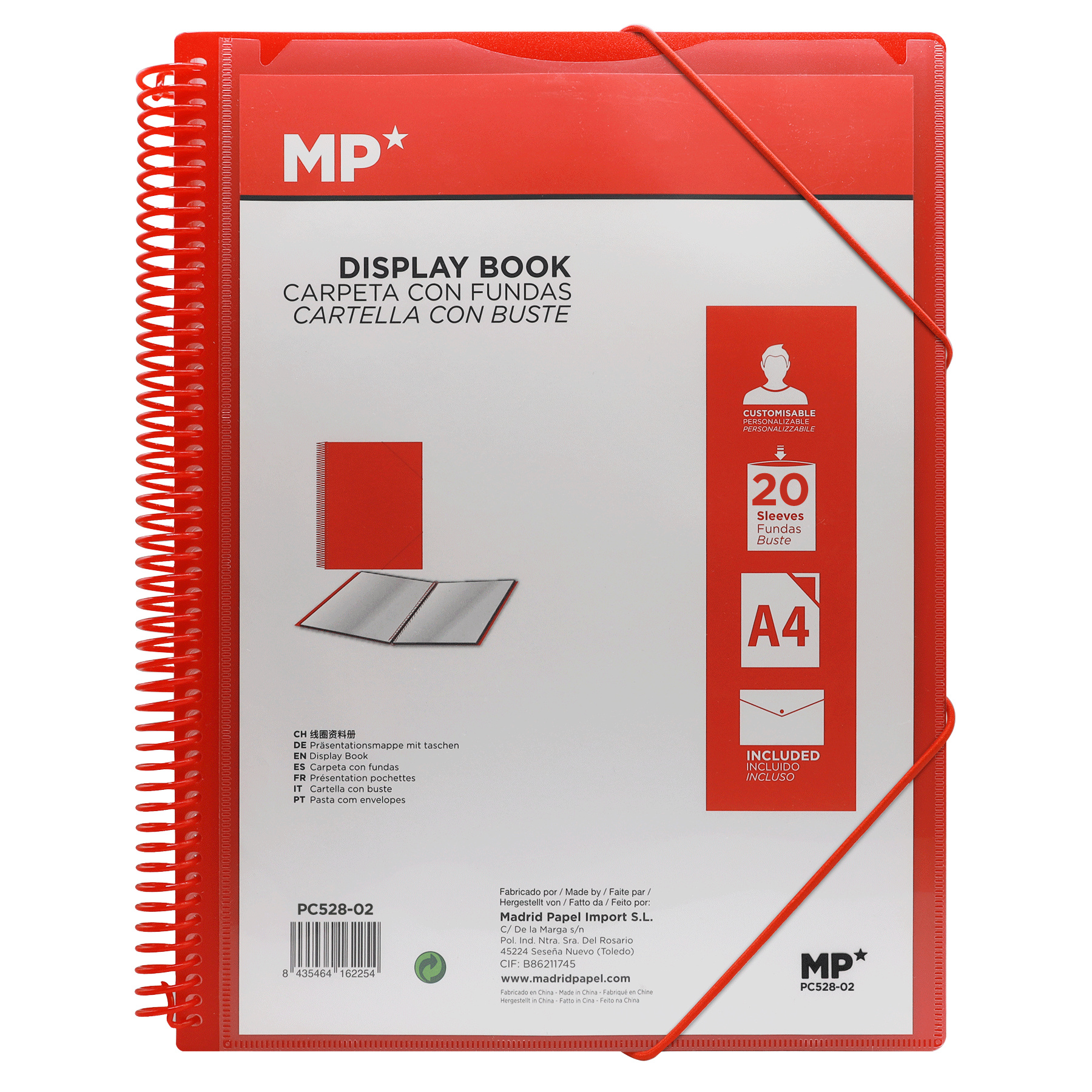 PC528-02 Polypropylene Display Book Folder nga adunay Spiral ug Elastic Bands, Pula, 20 ka manggas