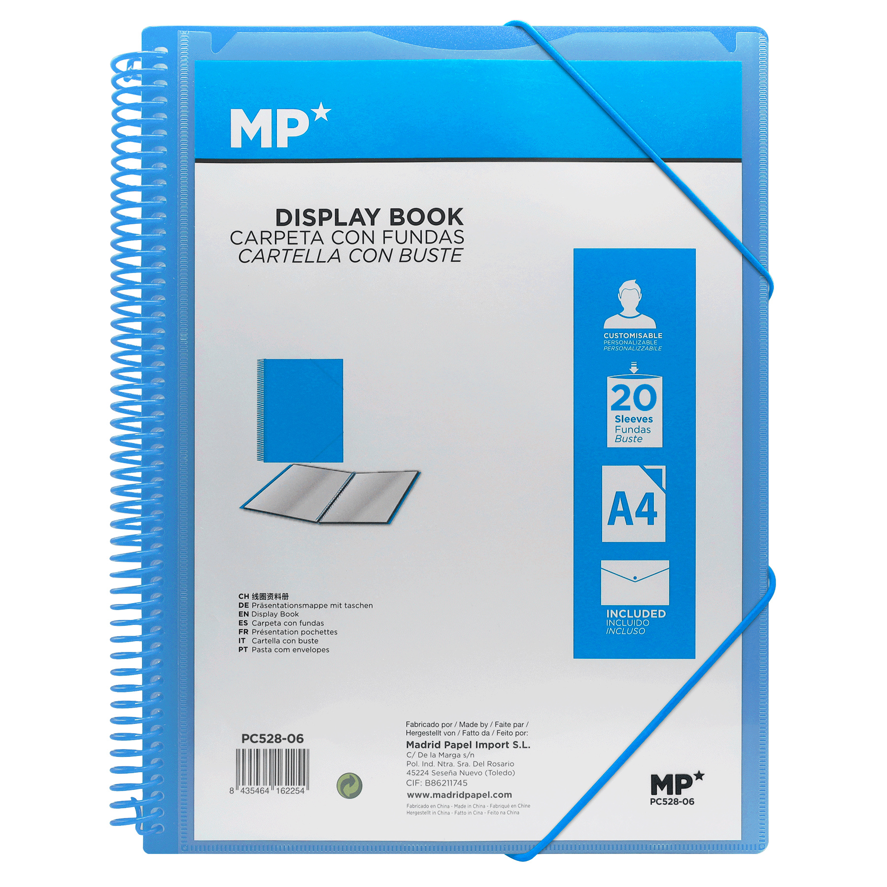 PC528-06 MP Polypropylene Display Book Folder sareng Spiral sareng Pita Elastis, 20 leungeun baju, Biru