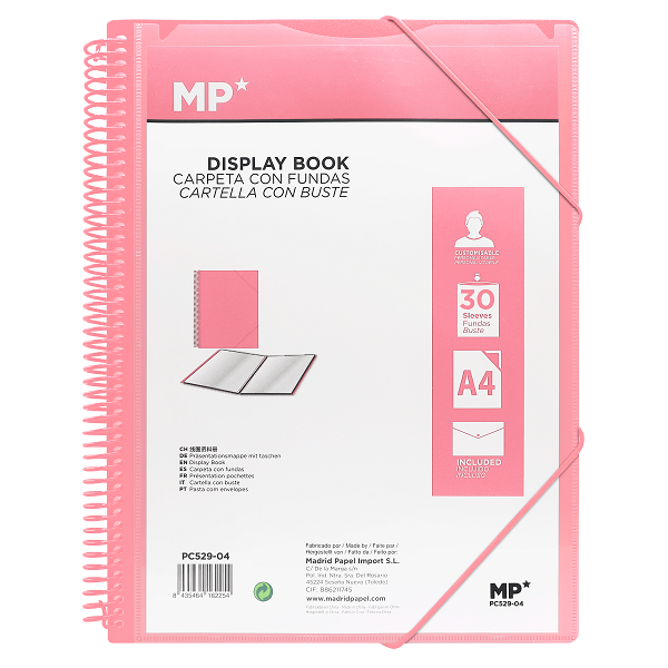 PC529-04 MP गुलाबी पोलीप्रोपाइलीन डिस्प्ले बुक ३० आस्तीन, सर्पिल बाइन्डिङ र लोचदार ब्यान्डहरू सहित