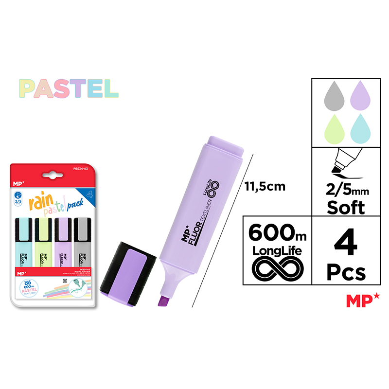 PE534-03 Rain Pastel Highlighter Marker Textliner – 4 na Yunit