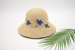 Spring Summer Chinese Style Design Handmade Blue Butterfly Embroidery Raffia Straw Bucket Hat