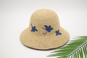 春夏中國風設計手工藍色蝴蝶刺繡拉菲草草帽