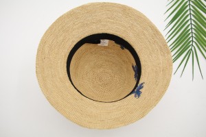 N'oge opupu ihe ubi Chinese Style Design ejiri mee Blue Butterfly Embroidery Raffia Straw Bucket Hat