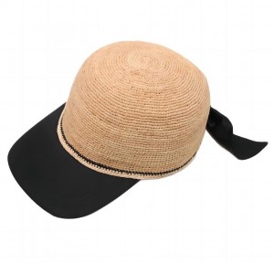 Hot Sale Spring Summer Hand Crochet Black Bowknot Rafia Straw Sun Visor Hat