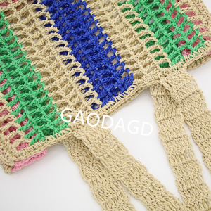 廠商直銷新款設計彩色紙繩草編包拼色休閒沙灘包時尚女包