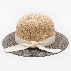 Venta al por mayor, nuevo sombrero elegante, Color a juego, rafia, paja trenzada, Sombrero de señora, Sombrero de cubo con lazos para mujer