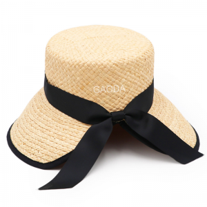 Venta al por mayor, elegante, Simple, protector solar, sombrero trenzado de paja de rafia, gorra con visera con tapa plana, sombrero de cubo para mujer