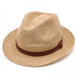 មួកប៉ាណាម៉ាល្អលក់ដាច់ Raffia Straw Crochet Fedora Hat Straw hat with Leather for Unisex