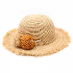 Sombrero encantador vendedor caliente al por mayor del cubo del sombrero del ganchillo de la paja de la rafia con el pompón para las mujeres
