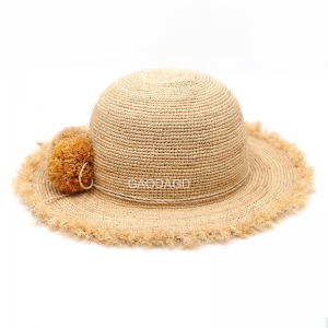Wholesale Hot Selling Lovely Raffia Straw Crochet Sombrero Bucket hat with pompom for Women
