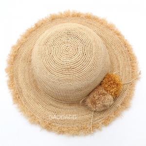 Wholesale Hot Selling Lovely Raffia Straw Crochet Sombrero Bucket hat with pompom for Women