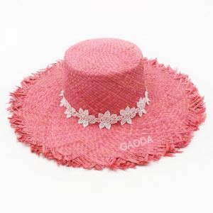 高品質環保拉菲草草 100% 全手工編織蕾絲花絲帶超大帽簷太陽帽