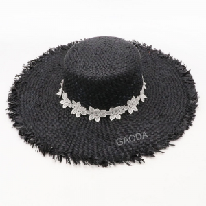 High Quality Eco-friendly Raffia Straw 100% Fully Hand Woven Lace Flower Ribbon Super Big Brim Sun Hat