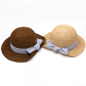 2023 Natural Raffia Straw Hand Crochet Dome Short Brim Striped Bowknot Lady Hat