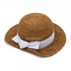 2023 Natural Raffia Straw Hand Crochet Dome Short Brim Striped Bowknot Lady Hat