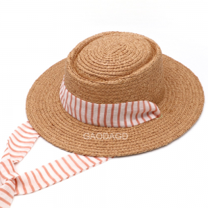 Europe American Summer Autumn New Style Striped Straps Pork Pie Hat Top Raffia Straw Braid Hat