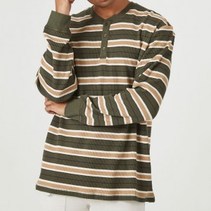 Oversize Cotton Long Sleeve Yarn-Dyed Striped Henley Tee