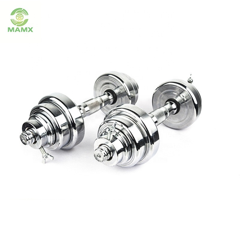 Durable cheap silver gym set chrome rotating adjustable weight dumbbell