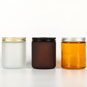 8oz amber straight side glass jar with silvery metal lid