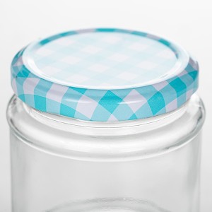 6OZ Round Glass Jam Jar with Plaid Lug lid with Plastisol