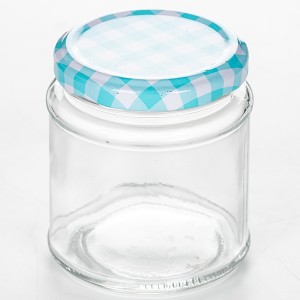 6OZ Round Glass Jam Jar with Plaid Lug lid with Plastisol
