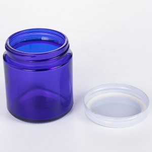 4OZ Blue Straight Side Glass Jar with Inner Liner and White Plastisol Lid