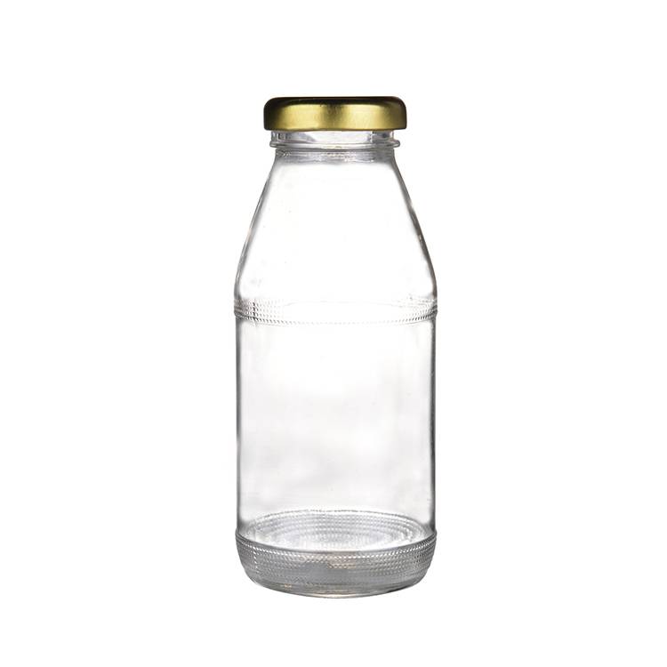China OEM Glass Kitchen Storage - 250ml Clear Glass Juice Beverage Bottle with Gold Lug Lid  – Menbank