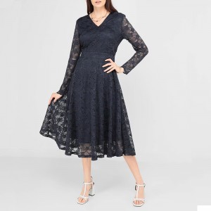 WOMEN’S V-NECK LONG SLEEVE WAIST SOLID COLOR SLIMMING LACE MID-LENGTH DRESS