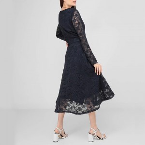 WOMEN’S V-NECK LONG SLEEVE WAIST SOLID COLOR SLIMMING LACE MID-LENGTH DRESS
