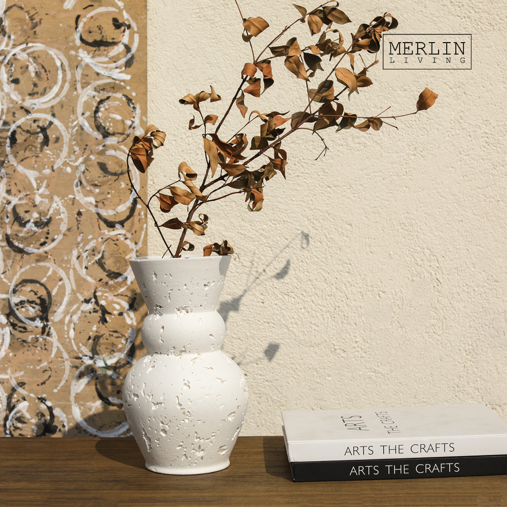 Merlin Living ArtStone Cave Stone Minimalist Table White Ceramic Vase