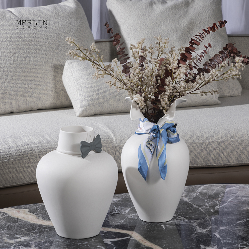 Merlin Living Body Shape Plain White Vase With Gray Bow Ceramic Vase
