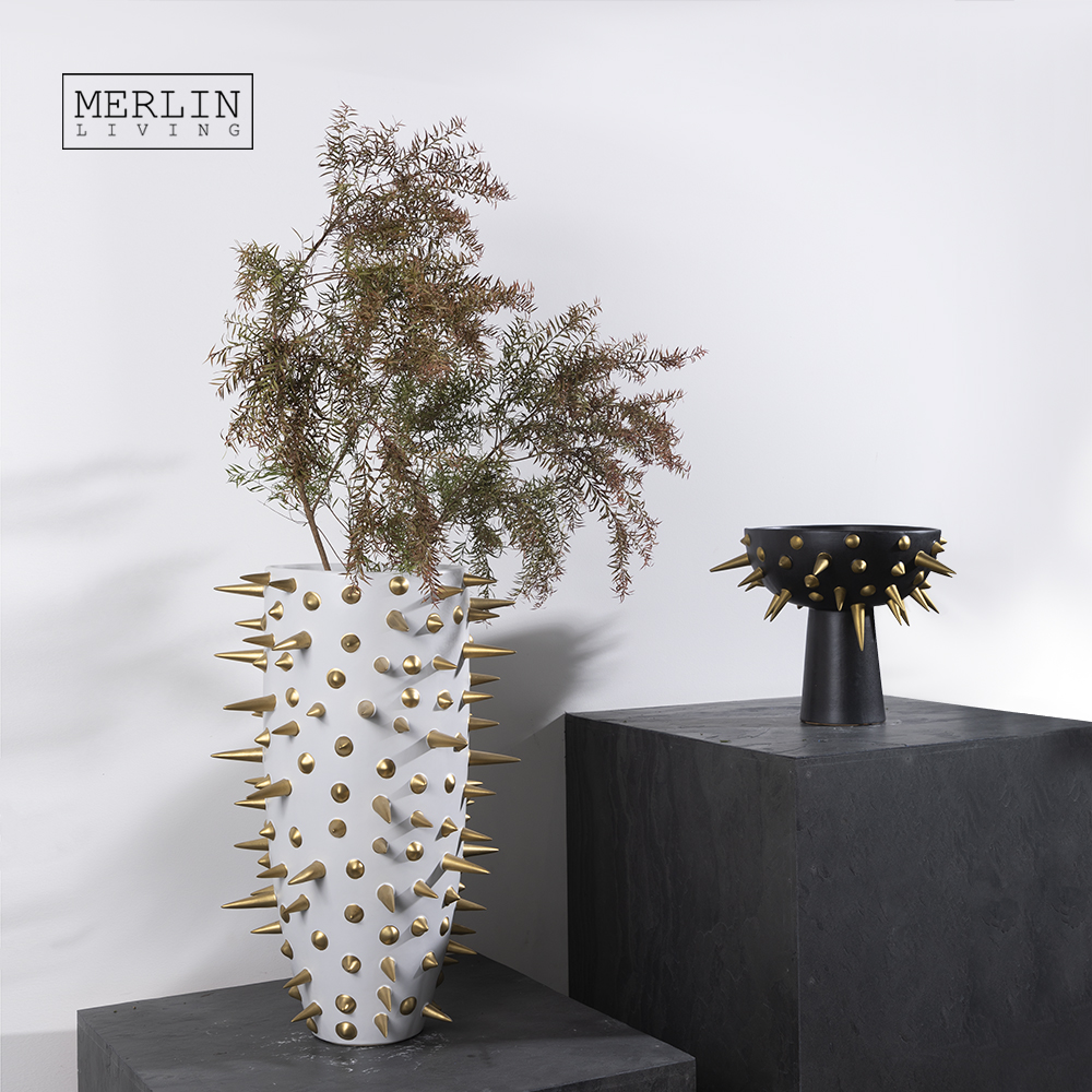 Merlin Living Ceramic Black and White Vase with Gold Spikes